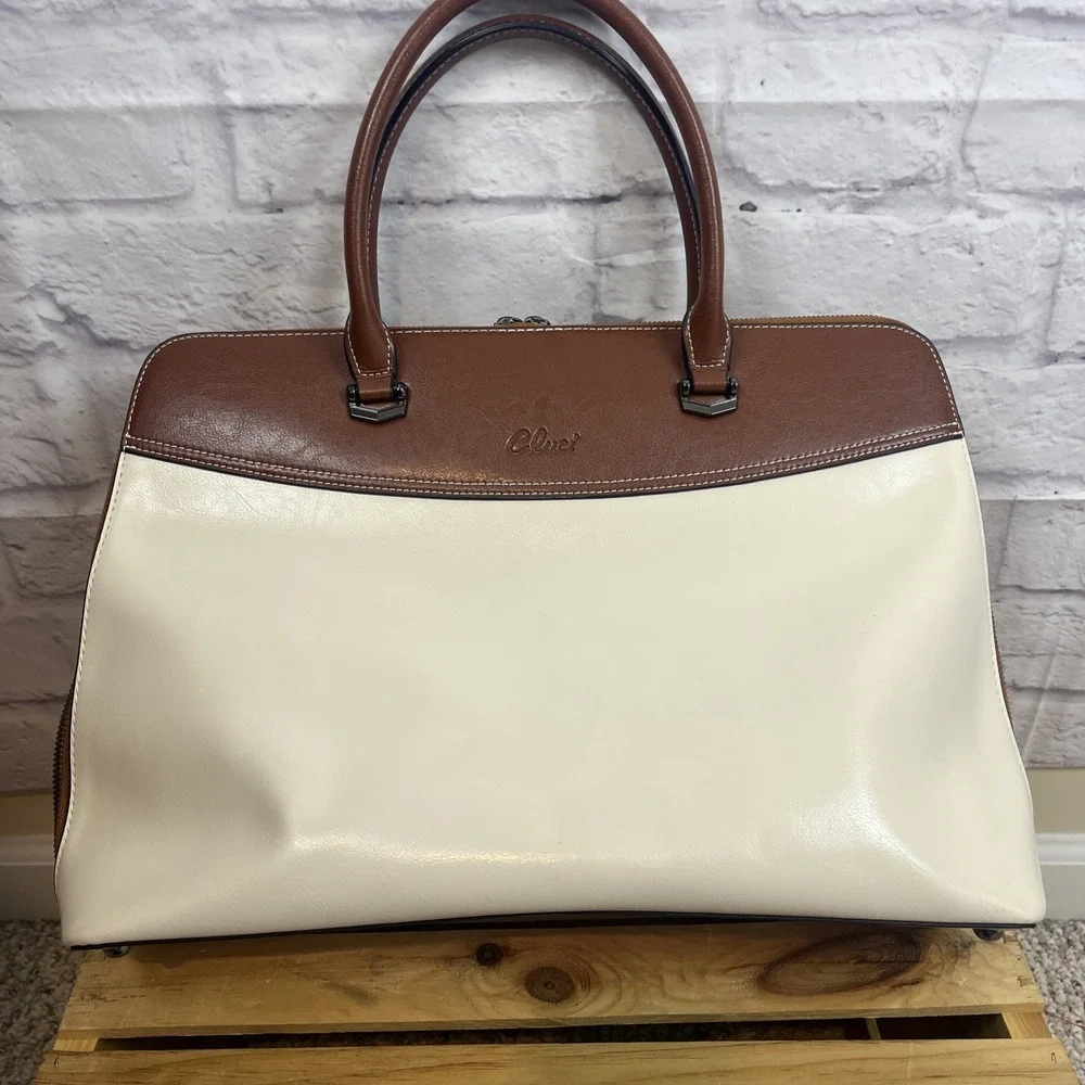 Cluci Leather Color Block Briefcase Laptop Work School Bag Fits 15.6 Laptop